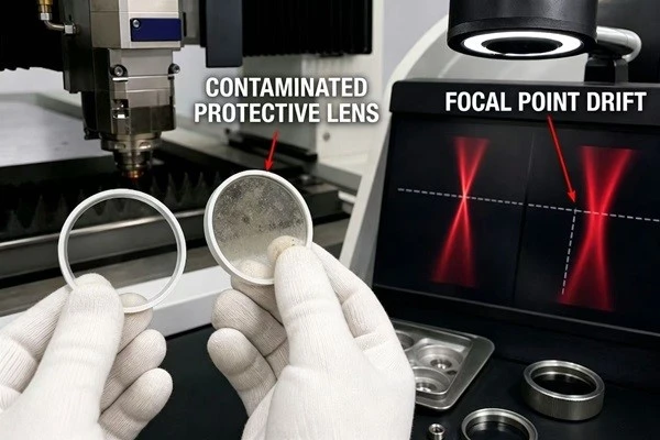 Inspection of a contaminated laser protective lens causing focal point drift due to thermal lensing Inspection of a contaminated laser protective lens causing focal point drift due to thermal lensing