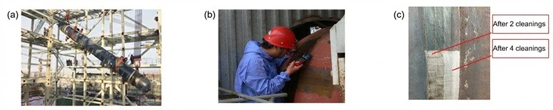 200W handheld pulse laser cleaning machine cleaning weld seam on boiler steam drum 200W handheld pulse laser cleaning machine cleaning weld seam on boiler steam drum